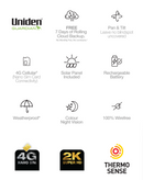 UNIDEN GUARDIAN APP CAM SOLO X2K 4G PT KIT WIREFREE 2K SUPER HD w/ SOLAR PANEL